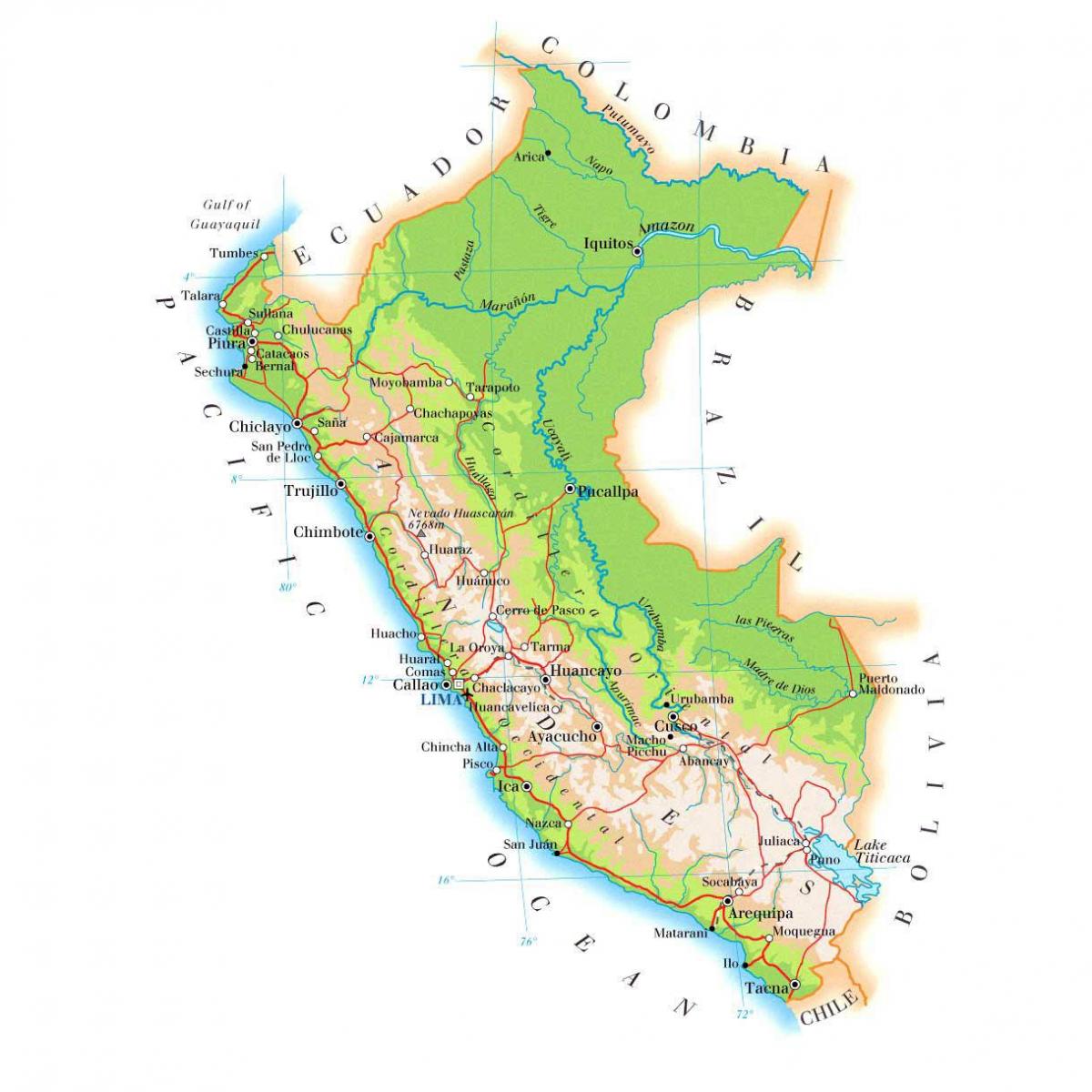 kaart füüsiline kaart Peruu